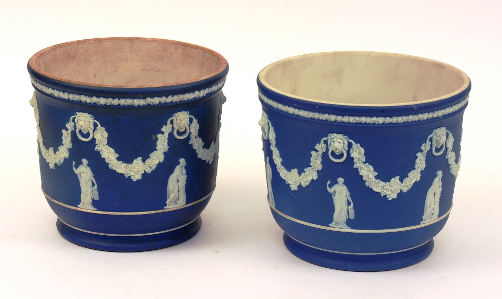 A pair of Wedgwood Jasperware planters, circa 19th century, decorated with classical figures,