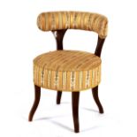 A Victorian mahogany upholstered low chair, with curved open back rest,