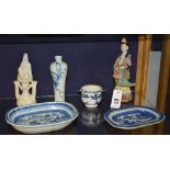 Six pieces of Chinese pottery and porcelain, to include two blue and white export dishes, cup,