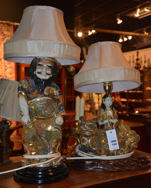 Two Japanese Satsuma figural table lamps, in the form of Samurai warriors,