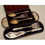 A plated fruit set in fitted case, comprising of grape scissors, and pair of berry spoons,