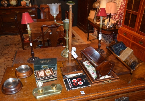 A mixed lot of wood items, to include chess board, book troughs, wig stand, card box,