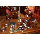 A mixed lot of wood items, to include chess board, book troughs, wig stand, card box,