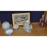 A mixed lot of Oriental pottery, to include Sang de Boeuf figure, Chinese ginger jar,