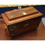 A Victorian rosewood & brass inlaid tea caddy, lacking mixing glass & tea compartment covers,