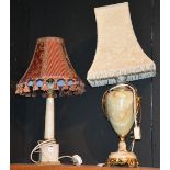 Two onyx table lamps with shades,