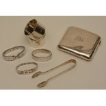 A mixed lot of silver items, comprising of silver cigarette case, five silver napkin rings,