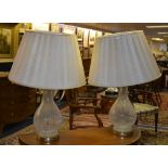 A pair of crackle glass vase/lamps with shades, converted to electricity,