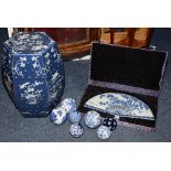 A modern oriental blue and white ceramic garden seat,