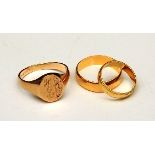 A 22ct gold gents wedding band, 5g, ring size V, together with an 18ct gold lady's wedding band, 3.