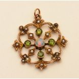 A Victorian 9ct gold opal, peridot and seed pearl pendant,