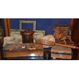 A mixed lot of wood and treen items, to include pokerwork glove box, string holder, hand mirror,