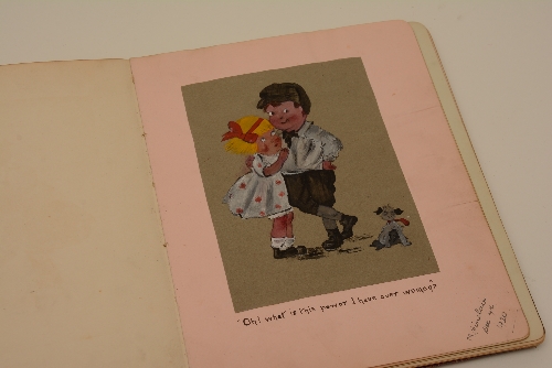 A leather bound ephemera album, circa early 20th century, containing pictures, poems and slogans,