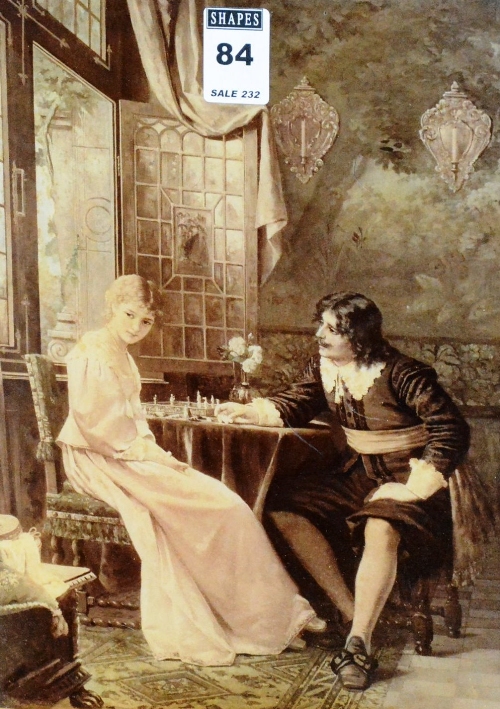 A framed Crystoleum circa late 19th century, depicting 'man and woman playing chess', 25.