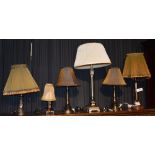 Six assorted table lamps with shades, to include a turned mahogany example,