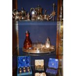 A quantity of plated wares, to include silver mounted and crystal sugar sifter, tea set,