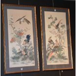 A pair of Chinese style painted panels on silk, depicting chickens and pheasants in foliage, framed,