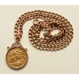 A 1980 gold sovereign, mounted as a pendant on 9ct gold chain, chain 14.1g, total weight 23.