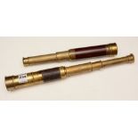 An early 20th century brass three draw pocket telescope and pouch, with leather grip, 44cm long,