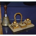 A vintage brass school bell, with turned wood handle, 25cm high,