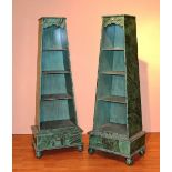 A pair of painted obelisk shaped what-nots, painted in malachite green with black swirl inclusions,