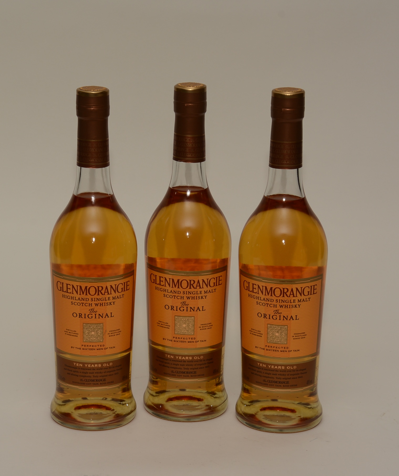 Three bottles of Glenmorangie 10 year old original Highland malt scotch whisky, 70cl, 40% vol,