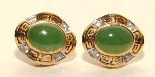 A pair of 18ct gold jade and diamond earrings, - Image 2 of 2