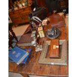 A large quantity of sundry collectables, to include gladstone bag, carriage clock,