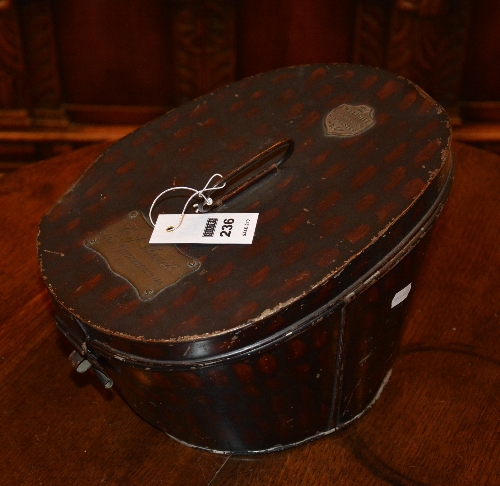 A vintage military tin hat box by F.W. Flight - Military Tailor Winchester, with label to L.J. - Image 2 of 2