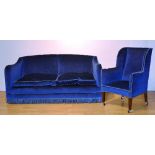 A vintage upholstered two seater settee with similar armchair, upholstered in blue velour,