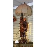 An early 20th century Chinese rootwood carved table lamp of Sage Shao Lao, with original shade,