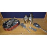 A Birmingham 1955 silver backed dressing table set, comprising of mirror and two brushes,