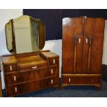 An Art Deco walnut gents wardrobe with matching dressing table, wardrobe 151cm high x 80cm wide,