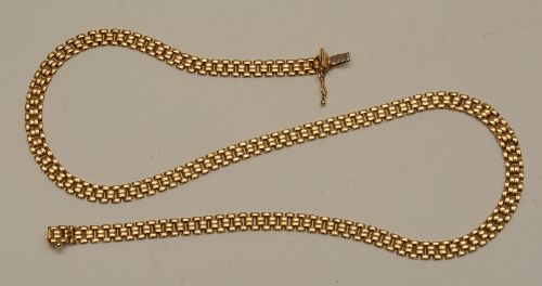 An 18ct gold brick link necklace, stamped 750 to clasp, 42cm long (unfastened), 18.