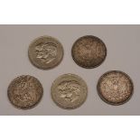 Five silver/white metal coins, to include two commemorative Prince Charles & Lady Diana 1981 coins,
