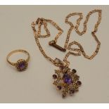 A 9ct gold amethyst and seed pearl pendant/brooch,
