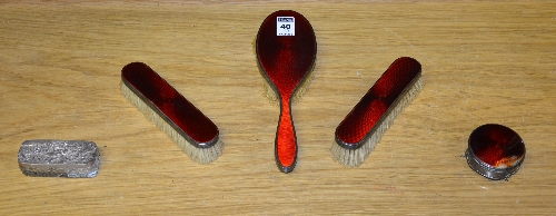 A part silver and red enamel brush set with pill box, hallmarks for Birmingham 1920's-40's,