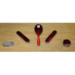 A part silver and red enamel brush set with pill box, hallmarks for Birmingham 1920's-40's,