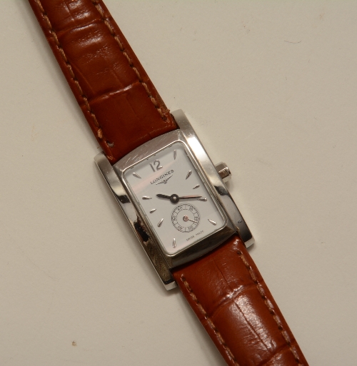 A Longines ladies wristwatch, with subsidiary seconds dial and tan leather Longines bracelet strap,