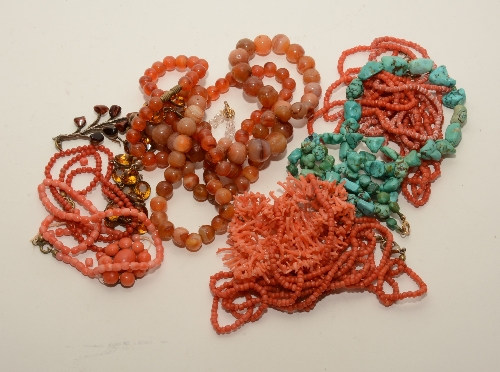 A small collection of bead necklaces, to include five coral, one turquoise, two orange agate,