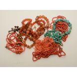 A small collection of bead necklaces, to include five coral, one turquoise, two orange agate,