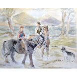 Nancy J Burton RSW (1891-1972) 'Boys on Ponies with Dog' Watercolour, signed lower right,