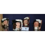 Four small Royal Doulton character jugs of musketeers, comprising of D'artagnan, Aramis, Porthos,