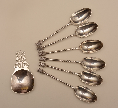 A matched set of six Scottish silver 'thistle' teaspoons, five with hallmarks for Edinburgh 1902,