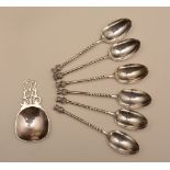A matched set of six Scottish silver 'thistle' teaspoons, five with hallmarks for Edinburgh 1902,