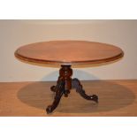 A Victorian mahogany loo table, with oval top, raised on bulbous column and tripod carved supports,