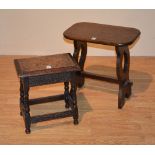 Two jointed oak stools, one with hinged top,