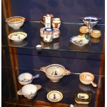 A mixed lot of 19th century and later Quimper pottery, to include cruet sets, quaich, shaped bowls,