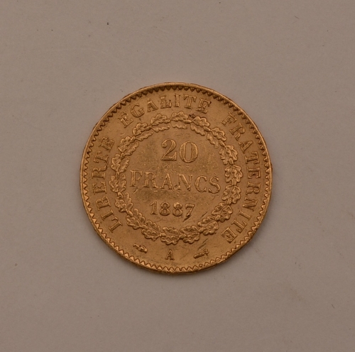 An 1887 French 20 francs gold coin, 6.