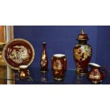 Six pieces of Rouge Royal porcelain by Crown Devon and Carlton Ware,